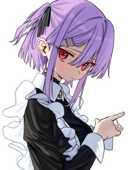 1girl brooch collared_dress commentary_request dress from_side hair_ornament hair_ribbon hairclip highres index_fingers_together jewelry jitome long_sleeves luicent maid original pink_eyes purple_hair ribbon short_hair_with_long_locks sleeve_cuffs solo turtleneck two_side_up upper_body