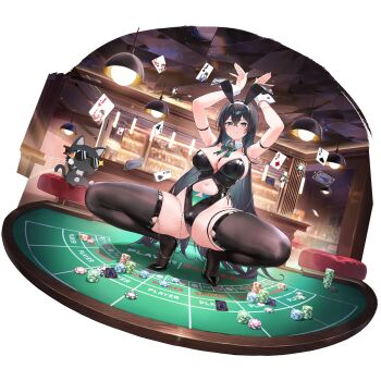 1girl ace_(playing_card) ace_of_clubs ace_of_diamonds animal_ear_hairband animal_ears armlet arms_up artist_request baccarat_table bar_(place) black_armlet black_hair black_leotard black_shoes black_thighhighs bow bowtie breasts card chipy cleavage clothing_cutout club_(shape) cocktail cocktail_glass collar cup detached_collar diamond_(shape) drink drinking_glass eight_of_spades fake_animal_ears game_asset glass green_bow green_eyes hair_between_eyes hairband high_heels highres holding holding_cup indoors jack_(playing_card) jack_of_hearts jack_of_spades jewelry king_(playing_card) king_of_hearts_(playing_card) large_breasts leotard long_hair looking_at_viewer mochizuki_himiya mochizuki_himiya_(moonlight_fizz) navel navel_cutout non-web_source official_alternate_costume on_table patent_heels playboy_bunny playing_card poker_chip poker_fate pumps queen_(playing_card) queen_of_clubs rabbit_ear_hairband rabbit_ears rabbit_pose self-datamine shoes side-tie_leotard sideboob solo_focus spade_(shape) spade_brooch spade_cutout squatting stiletto_heels sunglasses table thighhighs three_of_spades two_of_hearts very_long_hair white_collar white_wrist_cuffs wrist_cuffs
