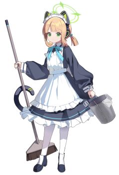 1girl absurdres animal_ear_headphones animal_ears apron aqua_ribbon basket black_dress blonde_hair blue_archive broom cat_ear_headphones cat_ears closed_mouth dress fake_animal_ears fake_tail full_body green_eyes green_halo halo hashtag-only_commentary headphones highres holding holding_basket holding_broom long_sleeves looking_at_viewer maid maid_apron maid_headdress midori_(blue_archive) midori_(maid)_(blue_archive) miebao official_alternate_costume pantyhose ribbon short_hair solo standing tail white_apron white_background white_pantyhose