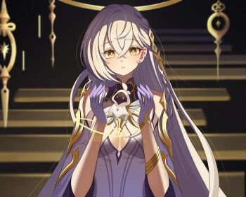 1girl absurdres barbatos_(genshin_impact) bare_shoulders black_background braid breasts center_opening chijiandeyusang cloak colored_extremities commentary_request crossed_bangs dress floating_stairs genshin_impact gold gradient_skin hair_between_eyes hair_ornament halo hands_up highres istaroth_(genshin_impact) light_particles long_hair looking_at_viewer medium_breasts parted_lips purple_hands solo spirit stairs star_(symbol) very_long_hair white_dress white_hair yellow_eyes