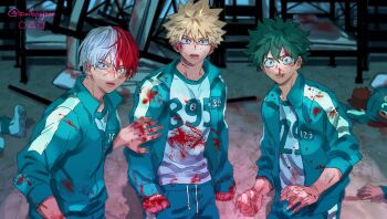 3others bakugou_katsuki blonde_hair blood blood_on_clothes blood_on_face blood_on_hands blood_splatter boku_no_hero_academia burn_scar circle freckles green_hair green_jacket green_pants highres jacket looking_at_viewer male_focus midoriya_izuku multicolored_hair multicolored_jacket multiple_boys multiple_others nosebleed open_mouth pants pool_of_blood red_eyes red_hair scallopojisan scar scar_on_face scar_on_hand spiked_hair square squid_game todoroki_shoto track_pants track_suit triangle twitter_username two-tone_hair two-tone_jacket white_hair