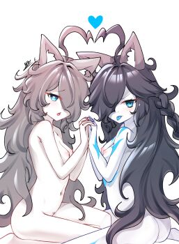 2girls absurdres ahoge animal_ears ass black_hair blue_eyes blue_tongue blush breasts cat_ears character_request check_character colored_tongue completely_nude dark_kasli_(nyanko_daisensou) grey_hair hair_over_one_eye heart highres holding_hands kasli_(nyanko_daisensou) long_hair looking_at_viewer mitama_(nyanko_daisensou) multiple_girls navel nipples nude nyanko_daisensou one_eye_covered rak_rak_yee signature small_breasts source_request tongue tongue_out white_background
