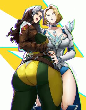 2girls absurdres ass blue_lips bodysuit boots breasts brown_hair colored_bangs commentary corset emma_frost english_commentary gloves green_bodysuit green_eyes highres inkspirate jacket large_breasts leather leather_jacket lipstick long_hair makeup marvel marvel_rivals multicolored_bodysuit multicolored_hair multiple_girls rogue_(x-men) smile superhero_costume two-tone_bodysuit two-tone_hair white_corset white_hair x-men yellow_bodysuit yellow_boots yellow_gloves