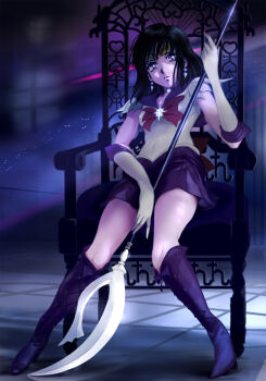 back_bow bishoujo_senshi_sailor_moon black_hair blunt_bangs boots bow bowtie brooch chair choker circlet cross-laced_footwear earrings elbow_gloves gem gloves high_heel_boots high_heels highres jewelry mai_(b9035796) miniskirt on_chair pleated_skirt purple_boots purple_bow purple_bowtie purple_choker purple_eyes purple_gemstone purple_sailor_collar purple_skirt sailor_collar sailor_saturn saturn_symbol shirt short_hair short_sleeves silence_glaive sitting skirt star_(symbol) star_choker star_ornament tomoe_hotaru white_gloves white_shirt