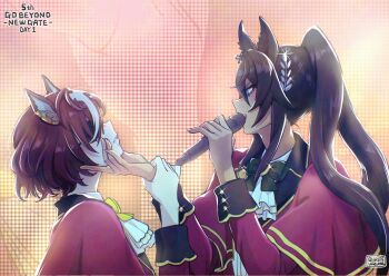 2girls adversarial_noise animal_ears ascot black_hair bow bowtie brown_hair capelet coat dark-skinned_female dark_skin eyepatch glint hair_ornament hand_on_another's_chin hi_(ibisf5umauma) highres holding holding_another's_wrist holding_microphone horse_ears long_hair long_sleeves microphone multiple_girls notes_of_grandeur_(umamusume) open_mouth red_coat screen shirt short_hair split_ponytail stage symboli_kris_s_(umamusume) tanino_gimlet_(umamusume) twitter_username umamusume upper_body white_shirt zoom_layer