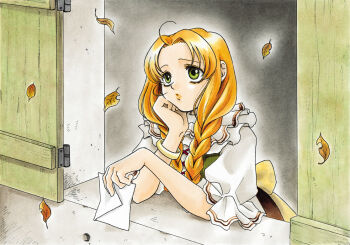 1girl atelier_(series) atelier_marie blonde_hair bracelet braid dress envelope female_focus green_eyes gust hair_over_shoulder head_rest jewelry leaf long_hair looking_outside official_art ohse_kohime schea_donnerstag solo tecmo twin_braids twintails window