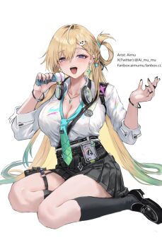 1girl aimu_(angry9565) aqua_necktie black_nails black_skirt black_socks blonde_hair breasts cleavage collarbone commentary earrings fingernails hands_up highres holding holding_microphone id_card jewelry large_breasts loafers long_hair looking_at_viewer lynae_(wuthering_waves) microphone mole music nail_polish necklace necktie open_mouth purple_eyes shirt shirt_tucked_in shoes simple_background singing sitting skirt smile socks solo star_(symbol) star_earrings very_long_hair white_background white_shirt wuthering_waves yokozuwari