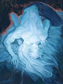 2boys bed_sheet black_background black_pants closed_eyes cloud_strife commentary english_commentary final_fantasy final_fantasy_vii highres long_hair male_focus multiple_boys muscular muscular_male on_bed pale_skin pants parted_bangs sephiroth sharp_teeth short_hair sssinthome teeth topless_male yaoi