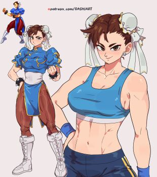 1girl absurdres alternate_costume artist_name boots bracelet breasts brown_eyes brown_hair bun_cover capcom china_dress chinese_clothes chun-li commentary dashi_(dashiart) double_bun dress earrings fighting_stance hair_bun highres jewelry looking_at_viewer multiple_views pantyhose patreon_username pelvic_curtain short_hair simple_background spiked_bracelet spikes street_fighter watermark web_address white_boots