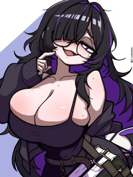 1girl belt black_dress black_hair black_sweater blush book_holster breasts cardigan cleavage collarbone colored_inner_hair dress glasses goddess_of_victory:_nikke hair_over_one_eye ji_heeeeeee label_(nikke) large_breasts looking_at_viewer messy_hair multicolored_hair open_cardigan open_clothes open_mouth purple_eyes purple_hair smile solo streaked_hair sweat sweater