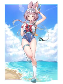 1girl anchor_symbol animal_ears aqua_hair beach belt black_belt blue_one-piece_swimsuit bow bowtie cellphone collarbone commentary competition_swimsuit covered_navel crop_top flip_phone full_body goggles goggles_on_head gradient_hair harpoon harpoon_gun highres karin_(stella_sora) multicolored_hair ocean one-piece_swimsuit phone pink_hair rabbit_ears rabbit_girl red_bow red_eyes runlan_0329 sand shirt shoes sleeveless sleeveless_shirt sneakers socks solo standing standing_on_one_leg stella_sora swimsuit thigh_gap thigh_strap water white_shirt white_shoes white_socks wristband