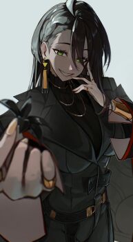 1girl absurdres bangle black_flower black_hair black_jacket bracelet earrings flower green_eyes grin highres holding holding_flower jacket jewelry long_hair looking_at_viewer m3ru necklace red_pupils ring sarah_(zenless_zone_zero) simple_background smile solo sweater turtleneck turtleneck_sweater zenless_zone_zero