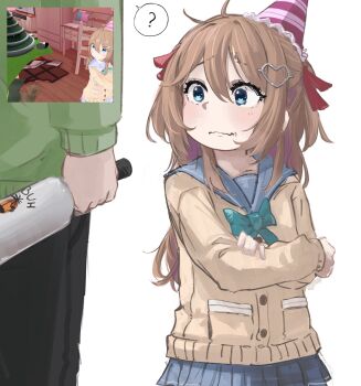 1boy 1girl ? absurdres alcohol aqua_bow aqua_bowtie black_pants blue_eyes blue_sailor_collar blue_skirt bottle bow bowtie brand_name_imitation brown_hair cardigan commentary crossed_arms derivative_work english_commentary furrowed_brow green_sweater hair_between_eyes hair_ornament hair_ribbon hat heart heart_hair_ornament highres holding holding_bottle kan1360 liquor long_hair long_sleeves malibu_(rum) neuro-sama pants party_hat pleated_skirt red_ribbon reference_inset ribbon sailor_collar simple_background skirt spoken_question_mark sweater two_side_up vedal987 vedal_ai virtual_youtuber wavy_mouth white_background yellow_cardigan