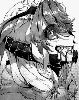 arthropod_girl bug arthropod_girl crazy crazy_eyes crazy_smile frothing highres indie_virtual_youtuber insect insect_girl juniper_(artist) juniper_actias mandibles monochrome moth moth_girl sideways_glance smile teeth virtual_youtuber white_fur white_hair wide-eyed