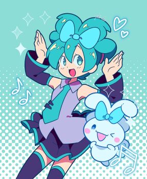 1boy 1girl :d aqua_background aqua_bow aqua_eyes aqua_hair aqua_necktie beamed_sixteenth_notes ben-day_dots black_skirt black_sleeves blush bow bow-shaped_hair cinnamoroll detached_sleeves dog eighth_note fuwa_fuwa_cinnamoroll grey_shirt hair_bow hatsune_miku heart highres long_hair musical_note necktie one_eye_closed open_mouth sanrio screentones shirt skirt sleeveless sleeveless_shirt smile sparkle vocaloid white_dog yuki_oto