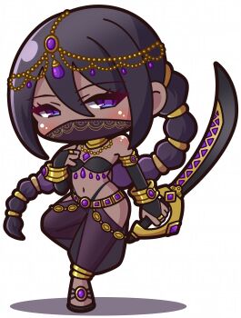 1girl absurdres bare_shoulders black_hair braid bridal_gauntlets chibi commentary_request dancer full_body hair_between_eyes highres holding holding_sword holding_weapon long_hair mask mouth_mask navel original purple_eyes saishosaisekojo scimitar scorpio_(zodiac) shadow simple_background solo standing standing_on_one_leg sword twin_braids very_long_hair weapon white_background zodiac