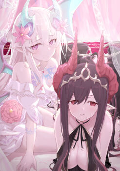Rule 34 | 2girls, alshat (princess connect!), bare shoulders, black dress, black hair, blue horns, blush, breasts, cleavage, collarbone, commentary request, demon girl, demon horns, demon wings, dragon girl, dragon horns, dragon wings, dress, duel monster, flower, frilled dress, frills, hair between eyes, hair flower, hair ornament, highres, horns, jewelry, large breasts, long hair, looking at viewer, lying, multicolored hair, multicolored horns, multiple girls, off-shoulder dress, off shoulder, on bed, on stomach, parted lips, pink eyes, pink flower, pointy ears, princess connect!, purple eyes, red eyes, red hair, red horns, red wings, sidelocks, smile, tattoo, vision empress, white dress, white hair, whitel (zou tukasaki), wings