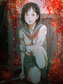 1girl architecture artist_name black_eyes black_hair black_sailor_collar black_shoes black_skirt bleeding blood blood_on_clothes blood_on_face bob_cut breasts collarbone collared_shirt commentary dress_shirt east_asian_architecture flower hand_on_own_arm highres holding holding_lead_pipe holding_own_arm improvised_weapon injury knee_up kneeling lead_pipe loafers long_sleeves loose_hair_strand monodevil monster neckerchief on_one_knee parted_lips pink_lips pleated_skirt raised_eyebrows red_flower red_neckerchief sailor_collar school_uniform serafuku shimizu_hinako shirt shoes short_hair signature silent_hill_(series) silent_hill_f single_empty_eye skirt small_breasts solo_focus spider_lily torn_clothes torn_shirt torn_skirt torn_sleeve wainscoting white_shirt wooden_floor wooden_wall