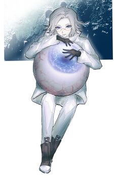 1boy absurdres aotsuki_eito black_gloves black_shoes commentary eyeball glasses gloves grey_hair highres holding holding_eyeball invisible_chair jacket looking_at_viewer male_focus oversized_object pants parted_lips purple_eyes shoes short_hair sitting solo symbol-only_commentary the_hundred_line_-last_defense_academy- white_jacket white_pants xlingshix