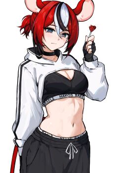 1girl animal_ears black_choker black_gloves black_hair black_pants black_sports_bra black_streaks blue_eyes breasts bright_pupils character_name choker cleavage closed_mouth clothes_writing colored_tips commentary cowboy_shot crossed_bangs double-parted_bangs english_commentary food gloves hair_between_eyes hakos_baelz hand_up highres holding holding_food holding_popsicle hololive hololive_english hooded_shrug linea_alba long_sleeves looking_at_viewer medium_breasts mouse_ears mouse_girl mouse_tail multicolored_hair navel panties pants panty_peek ponytail popsicle red_hair short_hair short_ponytail shrug_(clothing) simple_background solo sports_bra stomach streaked_hair tail ttsyrene underwear virtual_youtuber white_background white_pupils white_shrug white_streaks