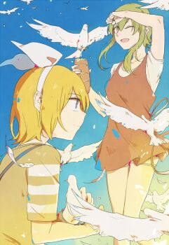 2girls animal arm_up baguette bird blonde_hair blue_eyes blue_sky bow bread commentary_request dress food green_dress green_eyes green_hair green_shirt gumi hair_bow hairband hand_up highres holding holding_animal holding_bird holding_bread kagamine_rin medium_hair multiple_girls one_eye_closed pigeon shirt short_hair sidelocks sky sleeveless sleeveless_dress vocaloid white_bow white_hairband white_shirt wounds404