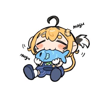 2girls :3 animal blue_overalls chewing chibi closed_eyes dooby fish fish_in_mouth holding holding_animal holding_fish indie_virtual_youtuber jerboa_tail mouse_girl mouse_tail multiple_girls overalls pinstripe_overalls sakanafune sameko_saba sameko_saba_(fish) simple_fish solo_focus tail virtual_youtuber white_background