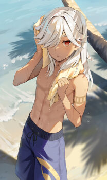 Rule 34 | 1boy, arm tattoo, beach, blue male swimwear, commentary request, cyno (genshin impact), dark-skinned male, dark skin, genshin impact, grey hair, hair between eyes, hair over one eye, highres, iroiro 0w0, long hair, male focus, male swimwear, muscular, muscular male, navel, no nipples, ocean, outdoors, red eyes, solo, stomach, swim trunks, tattoo, topless male, towel, towel around neck, white hair