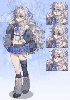 0_o_s_k 1girl asymmetrical_legwear bag bare_shoulders black_boots black_jacket black_socks black_thighhighs blue_bow blue_eyes boots bow closed_mouth collared_shirt commentary commission full_body grey_hair hair_between_eyes hair_bow hand_on_own_hip hand_up highres jacket long_hair long_sleeves midriff miniskirt multiple_expressions navel open_clothes open_jacket open_mouth original parted_lips shirt single_sock single_thighhigh skirt sleeveless sleeveless_shirt smile socks standing sweatdrop symbol-only_commentary thighhighs uneven_legwear wavy_hair white_shirt