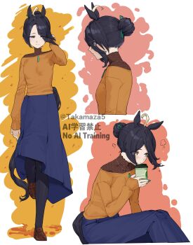 1girl absurdres ahoge animal_ears black_hair black_pantyhose black_shirt blue_sky blush breasts brown_shoes closed_mouth cup disposable_cup eyes_visible_through_hair green_nails hair_between_eyes hair_bun hair_ornament hair_stick hand_up highres holding holding_cup horse_ears horse_girl horse_tail jewelry lace-trimmed_collar lace_trim long_hair_between_eyes manhattan_cafe_(umamusume) multicolored_hair multiple_views nail_polish necklace orange_sweater pantyhose parted_lips shirt shoes short_hair simple_background single_hair_bun sitting sky small_breasts smile steam sweater tail takamaza twitter_username umamusume undershirt white_background white_hair yellow_eyes