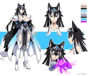 1girl :o animal_ear_fluff animal_ears artist_name aura black_dress black_hair black_tail blue_dress blue_eyes blue_gemstone boots breasts chest_jewel color_guide commentary commission cropped_torso dress english_commentary from_side full_body fur-trimmed_dress fur_trim gem gradient_clothes gradient_dress hair_between_eyes hair_intakes hand_up high_heels large_breasts large_tail long_hair long_sleeves magic multicolored_hair multiple_views original parted_lips pelvic_curtain puffy_long_sleeves puffy_sleeves purple_aura reference_sheet sairam_gutierrez signe_brachirsdottr_(azaertia) silver_tiara smile standing streaked_hair tail thigh_boots tiara tsurime white_boots white_dress white_hair white_tail wolf_ears wolf_girl wolf_tail