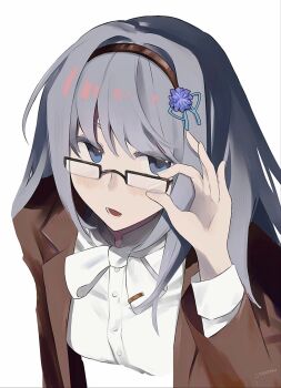 1girl adjusting_eyewear bkornblume black_hairband blue_eyes blue_flower bow bowtie brown_jacket flower glasses grey_hair hair_flower hair_ornament hairband hand_on_eyewear hand_up highres jacket long_hair official_alternate_costume open_mouth rectangular_eyewear reverse:1999 shirt solo upper_body white_bow white_bowtie white_shirt youluo