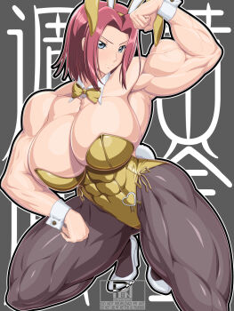 1girl arm_up armpits bare_shoulders blue_eyes bow bowtie breasts cleavage code_geass curvy female_focus flexing full_body high_heels highres huge_breasts kouzuki_kallen looking_at_viewer muscular muscular_female pantyhose rabbit_ears rabbit_tail red_hair ren_(tainca2000) short_hair solo squatting thick_thighs thighs wrist_cuffs