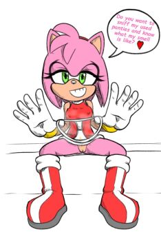 1girl amy_rose ass bedroom body_fur boots bottomless bracelet breasts comic_sans dirty dress ears english_text eyelashes fashion feminine flirting food fruit furry gloves gold grin groin hairband heart hedgehog highres holding jewelry knees legs nipples panties peach pee petite poop presenting pussy self-upload simple_background sitting skirt sleeveless smell smile smoke solo sonic_(series) speech_bubble stained_panties stretching teeth underwear white_background
