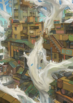 1girl air_conditioner animal blue_sky building day dlkdhy highres monkey original outdoors railing scenery sign sky stairs tail tree window