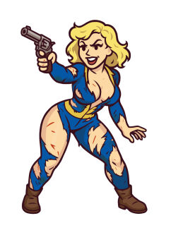blue_jumpsuit fallout fallout_1 fallout_4 fallout_shelter_online gun handgun highres holding holding_gun holding_weapon jumpsuit revolver shelter_girl_(fallout_shelter_online) vault_girl vault_suit weapon