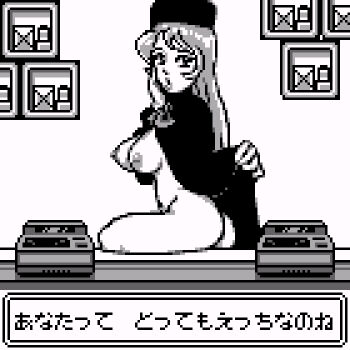 Rule 34 | 1girl, american dream, ass, bottle, bow, bowtie, box, breasts, cape, cape lift, cash register, coat, coconuts japan, desk, female focus, fur hat, greyscale, hand on own cheek, hand on own face, hat, inverted nipples, japanese text, large breasts, lips, long hair, looking at viewer, medium breasts, monochrome, naked cape, naked coat, nipples, nude, on desk, open mouth, pixel art, retro artstyle, saiwai hiroshi, shelf, sitting, solo, thighs, translated, ushanka