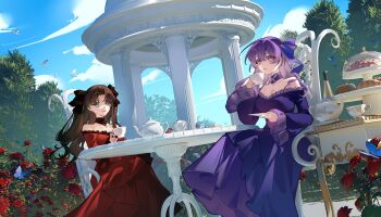 2girls amiably_02 bare_shoulders bird black_hair blue_butterfly blue_eyes blue_sky bread breasts brown_hair bug butterfly cleavage cloud cup day dress drinking_glass evening_gown fate/hollow_ataraxia fate/stay_night fate_(series) food gazebo gown hair_ribbon highres holding holding_cup insect large_breasts long_hair long_sleeves looking_at_viewer matou_sakura medium_breasts multiple_girls older_edelfelt_sister_(fate) pavilion purple_dress purple_eyes purple_hair red_dress ribbon siblings sisters sky smile table teacup teapot tohsaka_rin tree twintails two_side_up younger_edelfelt_sister_(fate)