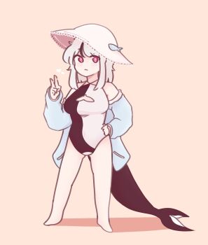 1girl artist_self-insert bare_legs bare_shoulders barefoot black_hair black_one-piece_swimsuit blue_jacket breasts brown_background brown_hat chibi chonkyorca cleavage_cutout closed_mouth clothing_cutout commentary english_commentary full_body grey_hair hand_on_own_hip hand_up hat heart highres jacket large_breasts long_hair long_sleeves multicolored_hair off_shoulder one-piece_swimsuit open_clothes open_jacket orca_(chonkyorca) original outline puffy_long_sleeves puffy_sleeves purple_eyes shadow sleeves_past_wrists solo standing straw_hat streaked_hair swimsuit v white_outline