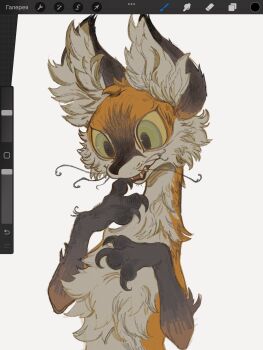 @_@ animal_ear_fluff art_program_in_frame black_fur claws colored_sclera commentary fox furry green_eyes highres no_humans orange_fur original parted_lips procreate_(medium) procreate_(software) sorochii symbol-only_commentary thinking upper_body whiskers white_fur yellow_sclera