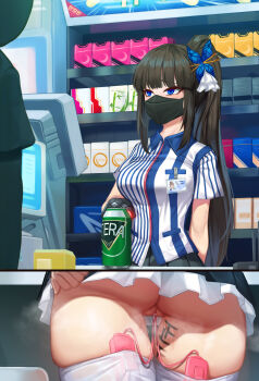 1girl absurdres ass barcode_scanner blue_eyes body_writing can cash_register cashier censored commentary condom_box convenience_store counter daydream_(zhdkffk21) discreet_vibrator employee_uniform from_below hair_ornament high_side_ponytail highres holding holding_barcode_scanner id_card lawson long_hair mask miniskirt mosaic_censoring mouth_mask name_tag no_panties original pleated_skirt pussy pussy_juice sex_toy shelf shirt shop short_sleeves side_ponytail skirt standing store_clerk striped_clothes striped_shirt tally thighhighs thighs upskirt vertical-striped_clothes vertical-striped_shirt vibrator vibrator_in_thighhighs vibrator_under_clothes white_thighhighs