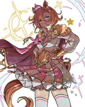 1girl animal_ears armor blush breasts cape commentary crown ear_ornament gold_corset hair_between_eyes highres horse_ears horse_girl horse_tail jewelry long_sleeves looking_at_viewer medium_breasts mini_crown multiple_rings open_mouth orange_hair orange_tail pink_cape pink_crown purple_eyes ring shirt short_hair shoulder_armor skirt smile solo star_(symbol) symbol-only_commentary t.m._opera_o_(o_sole_suo!)_(umamusume) t.m._opera_o_(umamusume) tail thighhighs two-tone_skirt umamusume unseuking0427 white_shirt white_thighhighs