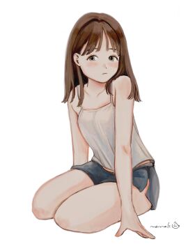 Rule 34 | 1girl, armpit crease, arms at sides, black shorts, blush, brown hair, camisole, choppy bangs, closed mouth, full body, grey eyes, highres, long hair, looking at viewer, nena labo, original, short shorts, shorts, signature, simple background, sitting, solo, spaghetti strap, white background, white camisole