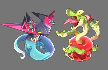 absurdres apple bluegeyko chevron_(symbol) colored_sclera colored_skin commentary dragapult english_commentary food fruit full_body gen_8_pokemon green_skin highres hydrapple looking_up multiple_heads nintendo no_humans open_mouth pokemon pokemon_(creature) side-by-side syrup tongue tongue_out yellow_eyes