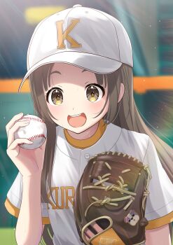 1girl absurdres ball baseball baseball_(object) baseball_cap baseball_glove baseball_uniform blurry blurry_background blush brown_eyes brown_hair clothes_writing commentary_request gakuen_idolmaster hat highres holding holding_ball idolmaster kuramoto_china long_hair looking_at_viewer outdoors shima46 shirt short_sleeves smile solo sportswear teeth upper_body upper_teeth_only white_shirt