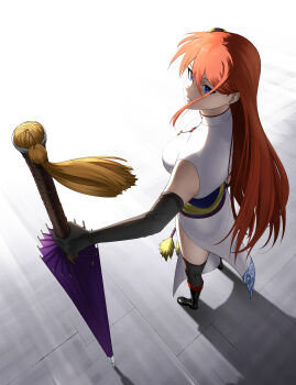 &gt;:) 1girl absurdres aged_up backlighting black_boots black_gloves black_thighhighs blue_eyes blue_sash boots breasts china_dress chinese_clothes closed_mouth commentary_request dress elbow_gloves eyebrows_hidden_by_hair foreshortening from_above from_behind full_body gintama gloves hair_between_eyes highres holding holding_umbrella kagura_(gintama) large_breasts long_hair looking_at_viewer looking_up nose orange_hair pelvic_curtain purple_umbrella ribbon-trimmed_thighhighs ribbon_trim sash simple_background sleeveless sleeveless_dress smile solo standing straight_hair thighhighs tile_floor tiles umbrella v-shaped_eyebrows very_long_hair white_background white_dress yoshino_(laencl)