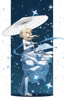 1girl absurdres arm_armor bare_shoulders blonde_hair boots breasts bu_bai_(wres2744) cleavage commentary_request detached_sleeves dress floating_clothes floating_hair flower from_side full_body genshin_impact hair_flower hair_ornament highres holding holding_umbrella lumine_(genshin_impact) medium_breasts oil-paper_umbrella parted_lips pillarboxed primogem short_hair_with_long_locks solo star_(sky) starry_sky_background thigh_boots umbrella white_boots white_dress white_umbrella wind yellow_eyes