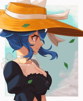 1girl bao_the_whale bao_the_whale_(spring) blue_hair braid breasts choker cleavage dress frills from_side hat indie_virtual_youtuber kanoed1 leaf medium_breasts red_eyes solo sun_hat virtual_youtuber white_choker