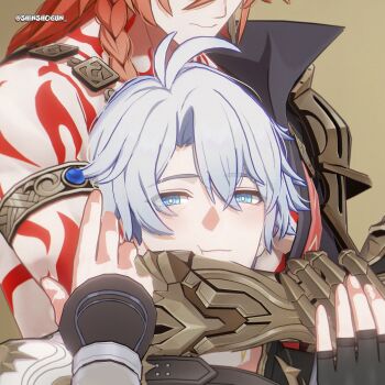 2boys 3d :t antenna_hair arm_around_neck armlet artist_name biceps black_gloves blue_eyes blush body_markings braid bright_pupils brown_background cheek_squash closed_mouth commentary curtained_hair english_commentary fingerless_gloves gauntlets gloves gold_armlet hands_on_another&#039;s_arm head_on_chest head_out_of_frame highres honkai:_star_rail honkai_(series) jewelry large_pectorals long_hair looking_at_viewer male_focus mikumikudance_(medium) model_clipping multiple_boys mydei_(honkai:_star_rail) orange_hair pectorals phainon_(honkai:_star_rail) red_hair shinshogun short_hair side_braid simple_background toned toned_male topless_male twitter_username very_short_hair white_hair white_pupils yaoi