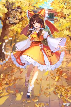 2girls apron ascot autumn_leaves blonde_hair bow braid broom brown_eyes brown_hair colorized commentary_request crossed_legs detached_sleeves frilled_bow frilled_hair_tubes frills gohei hair_bow hair_tubes hakurei_reimu hat hat_bow highres holding holding_broom holding_gohei kirisame_marisa leaf long_hair looking_at_viewer multiple_girls nurimas on_tree open_mouth outdoors red_bow red_skirt ribbon-trimmed_sleeves ribbon_trim side_braid single_braid sitting_on_branch skirt skirt_set smile sorashibatasan third-party_edit torii touhou touhou_spell_carnival tree waist_apron white_bow witch_hat yellow_ascot yellow_eyes