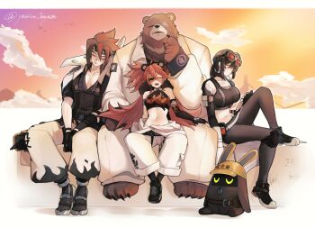 1other 2boys 2girls animal_ears anton_ivanov artist_name bangboo_(zenless_zone_zero) bear_boy bear_ears ben_bigger black_shirt blush brown_fur claws closed_eyes commentary_request crop_top eyepatch furry furry_male goggles goggles_on_head grace_howard hard_hat helmet highres jacket koleda_belobog multiple_boys multiple_girls one_eye_covered open_mouth pants rabbit_ears safety_(zenless_zone_zero) scar scar_across_eye scar_on_face shirt sitting sleeping smile sweatdrop twitter_username white_jacket white_pants yasiro_hayate zenless_zone_zero